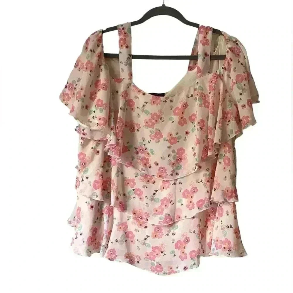 Lane Bryant Floral Open/Cold Shoulder Short Sleeves Layered Blouse Size XL